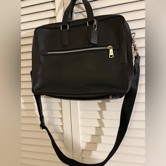 Coach Kennedy Double Zip Brief Briefcase Computer Bag Pebbled Black Leather - Picture 2 of 16